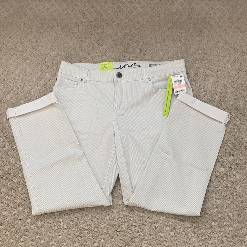 INC International Concepts Denim Regular Fit Straight Leg Crop Pants White/Gray